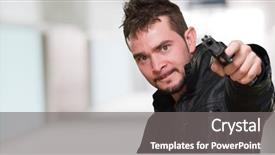  Presentation with charging gun man hands charging - Amazing theme having bullet points - mad man pointing with gun backdrop and a  colored foreground