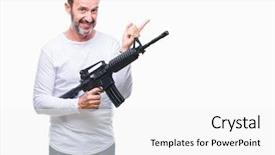  Presentation with weapon - Slides featuring bullet points - middle age senior hoary criminal background and a white colored foreground