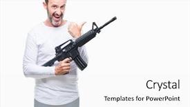  Presentation with weapon - Cool new slide deck with bullet points - middle age senior hoary criminal backdrop and a white colored foreground