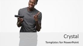  Presentation with gun - Slide deck with bullet points - young african american man holding background and a  colored foreground