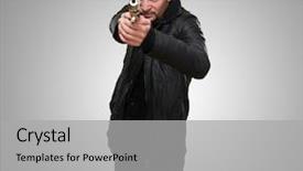  Presentation with charging gun man hands charging - PPT theme having bullet points - young man pointing with gun background and a light gray colored foreground
