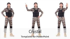  Presentation with blank whiteboard isolated on white - Cool new slides with bullet proof - soldier isolated on the white backdrop and a  colored foreground