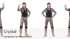  Presentation with futuristic combat soldier - Slide deck with bullet proof - soldier isolated on the white background and a light gray colored foreground