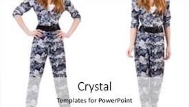  Presentation with woman - Colorful presentation design enhanced with bullet proof - woman soldier isolated on white backdrop and a  colored foreground