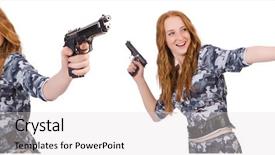  Presentation with futuristic combat soldier - Audience pleasing slide set consisting of bullet proof - woman soldier isolated on white backdrop and a  colored foreground