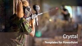  Presentation with target - Colorful presentation design enhanced with bullet target - paintball player in action behind backdrop and a tawny brown colored foreground