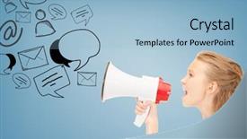  Presentation with communication - Audience pleasing presentation design consisting of bullhorn - communication concept - girl backdrop and a light blue colored foreground