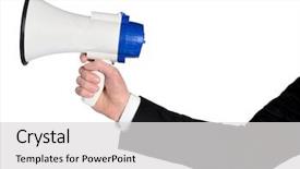  Presentation with 3d man business leader - Audience pleasing theme consisting of bullhorn - isolated business man hand backdrop and a light gray colored foreground