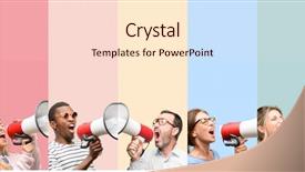  Presentation with women success - Slide set with bullhorn - mixed group of people women background and a lemonade colored foreground