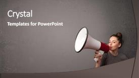  Presentation with pretty girl - Amazing presentation theme having bullhorn - pretty girl shouting into megaphone backdrop and a gray colored foreground