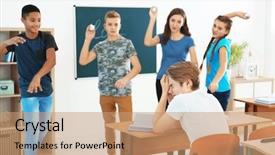  Presentation with school bullying - Audience pleasing theme consisting of bullying their classmate in school backdrop and a coral colored foreground
