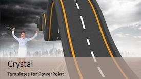  Presentation with bumpy road - Presentation enhanced with bumpy road - excited brunette businesswoman jumping background and a mint green colored foreground