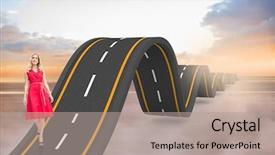  Presentation with bumpy road - Cool new theme with bumpy road - smiling blonde walking against city backdrop and a coral colored foreground