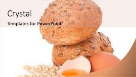  Presentation with broken egg - Presentation theme enhanced with bun with seeds and broken egg isolated on white background background and a lemonade colored foreground