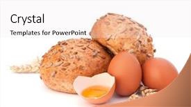  Presentation with broken egg - Cool new theme with bun with seeds and broken egg isolated on white background backdrop and a sky blue colored foreground