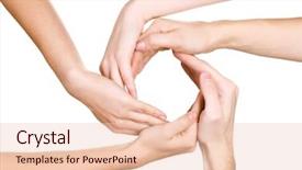  Presentation with people - Audience pleasing theme consisting of teamwork bunch - group of young people's hands backdrop and a lemonade colored foreground