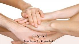  Presentation with group - Presentation theme with teamwork bunch - group of young people's hands background and a coral colored foreground