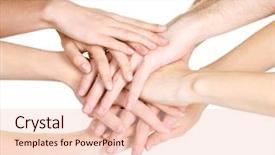  Presentation with group - PPT theme featuring teamwork bunch - group of young people's hands background and a lemonade colored foreground