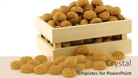  Presentation with dutch sinterklaas - Presentation theme enhanced with bunch of dutch pepernoten eaten at dutch festivities around december 5th called sinterklaas in a wooden box on a white background background and a gold colored foreground