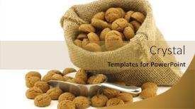  Presentation with dutch sinterklaas - PPT theme consisting of bunch of dutch pepernoten eaten at dutch festivities around december 5th called sinterklaas in a burlap bag and an aluminum scoop on a white background background and a gold colored foreground