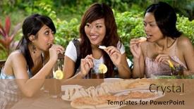  Presentation with picnic - Slides having bunch of friends having a picnic together in the garden background and a coral colored foreground