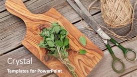  Presentation with oregano - PPT theme consisting of bunch of garden oregano herb on wooden table top view background and a coral colored foreground
