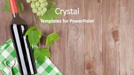  Presentation with corkscrew - Presentation design having bunch of grapes red wine bottle and corkscrew on wooden table background with copy space background and a coral colored foreground