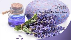  Presentation with essential oil - Slide set consisting of bunch of lavandula lavender essential oil and soap isolated on white background background and a light blue colored foreground