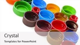  Presentation with plastic bottle - Amazing presentation theme having bunch of multicolored used plastic bottle caps on white background backdrop and a white colored foreground