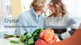 Presentation with lovers - Presentation design enhanced with bunch of red roses on table and young lovers flirting on background background and a light blue colored foreground