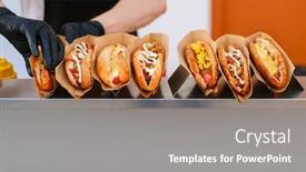  Presentation with street food - Beautiful presentation design featuring bunch-of-tasty-hotdogs backdrop and a gray colored foreground