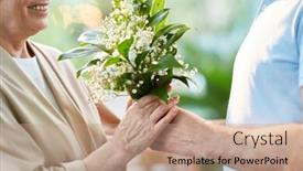  Presentation with romantic love - Audience pleasing presentation consisting of bunch of tender white flowers in hands of senior spouses as symbol of romantic love backdrop and a coral colored foreground