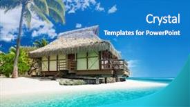 Presentation with palm beach - Presentation theme featuring bungallow on the amazing beach background and a teal colored foreground