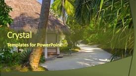  Presentation with pathway - Presentation theme having bungalows on beach and sand pathway flowers and trees background and a tawny brown colored foreground