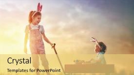  Presentation with sister - Audience pleasing PPT theme consisting of two cute little children wear bunny ears and have easter eggs girl carries her baby sister in kids wheel barrow in the rays of the setting sun backdrop and a yellow colored foreground
