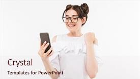  Presentation with photo - Colorful presentation design enhanced with buns hairstyle smiling with dental backdrop and a lemonade colored foreground