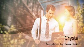  Presentation with buildings - Slides enhanced with bunsi tree - businessman is touching background and a  colored foreground