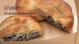  Presentation with cheese pie - Presentation design featuring burek pie with meat cheese background and a coral colored foreground