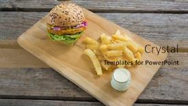  Presentation with burger fries - Slides enhanced with burger and french fries with dip on cutting board background and a yellow colored foreground