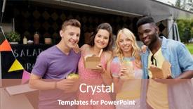  Presentation with food truck - Presentation theme featuring leisure eating and people concept - happy friends with wok and burger at food truck background and a coral colored foreground