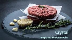  Presentation with raw meat beef veal shank - Amazing theme having burger beef patty with rosemary backdrop and a ocean colored foreground