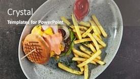  Presentation with french restaurant - Theme enhanced with burger grill restaurant menu - burger with spicy sauce with french fries black stone table top view background and a gray colored foreground