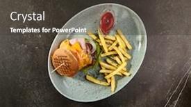  Presentation with french restaurant - Amazing theme having burger grill restaurant menu - burger with spicy sauce with french fries black stone table backdrop and a dark gray colored foreground