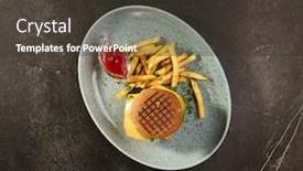  Presentation with french restaurant - Amazing slides having burger grill restaurant menu - burger with spicy sauce with french fries black stone table backdrop and a dark gray colored foreground