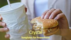  Presentation with hamburger - Colorful presentation theme enhanced with woman eating hamburger and cocktail backdrop and a tawny brown colored foreground