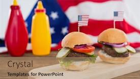  Presentation with 4th july - Presentation theme having burgers-arranged-on-wooden-board background and a coral colored foreground