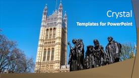  Presentation with union jack flag - PPT theme featuring burghers-of-calais-statue background and a teal colored foreground