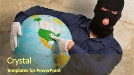 Presentation with globe - PPT layouts featuring burglar man holding globe indoors background and a  colored foreground