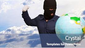  Presentation with globe - Slide deck having burglar man punching globe outdoors background and a  colored foreground
