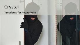  Presentation with opening ceremony of house - PPT theme featuring burglar opening door during house background and a light gray colored foreground